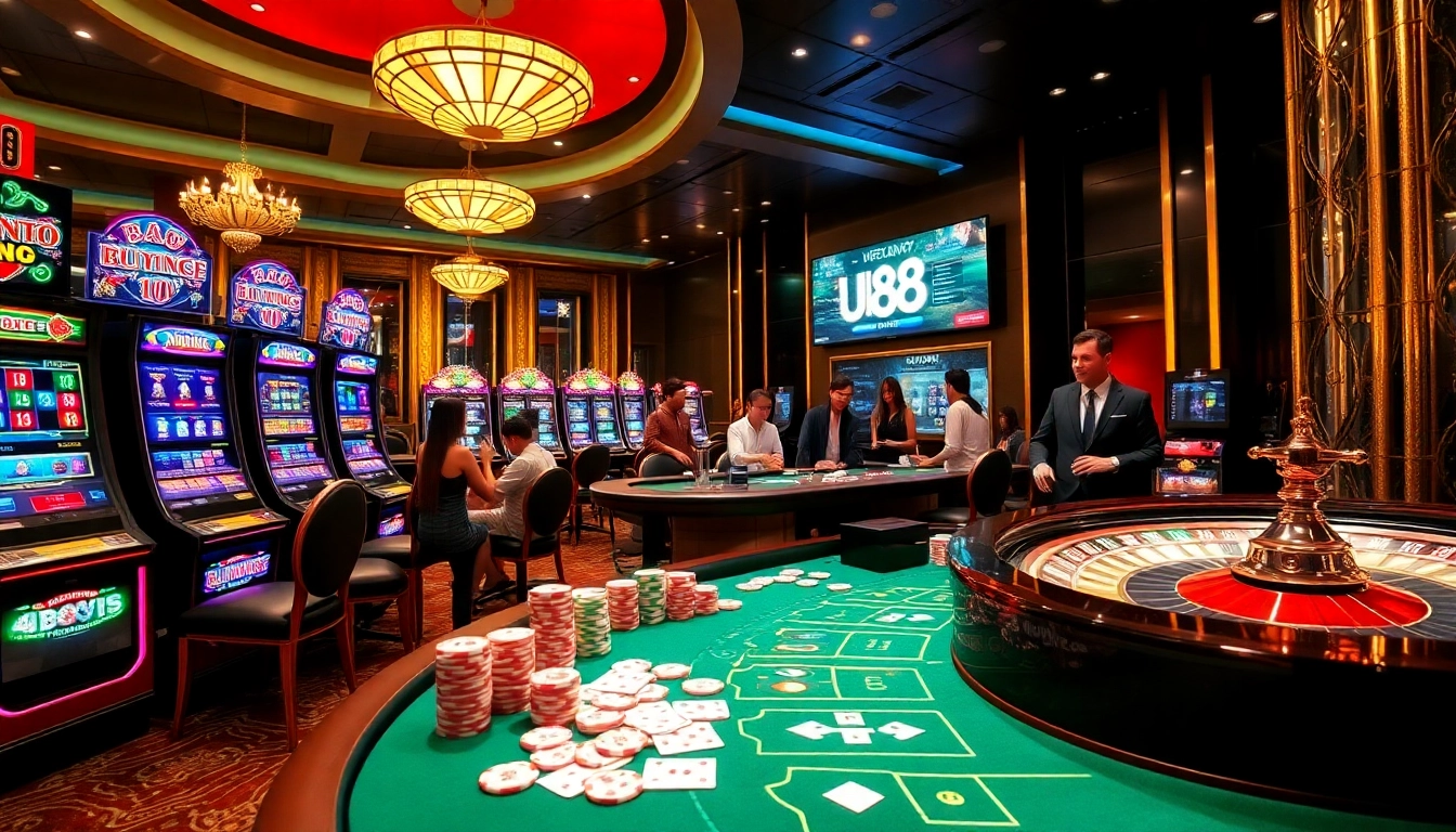 Engaged gamers exploring UU88 online casino with vibrant slot machines and casino tables.