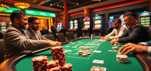 Players enjoying an exciting game at a situs toto poker table surrounded by casino elements.