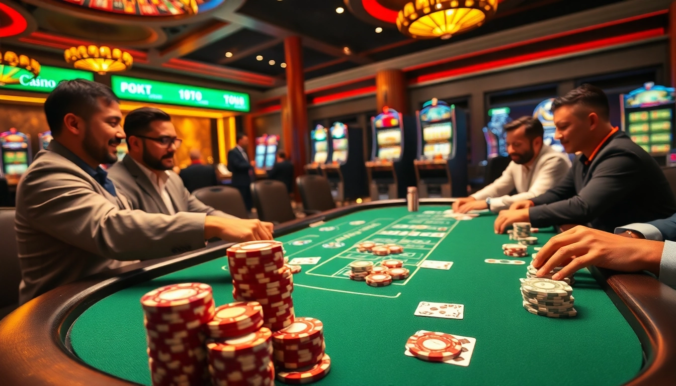 Players enjoying an exciting game at a situs toto poker table surrounded by casino elements.