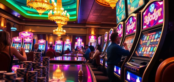 Experience slot gacor excitement at vibrant casino slot machines with colorful lights.