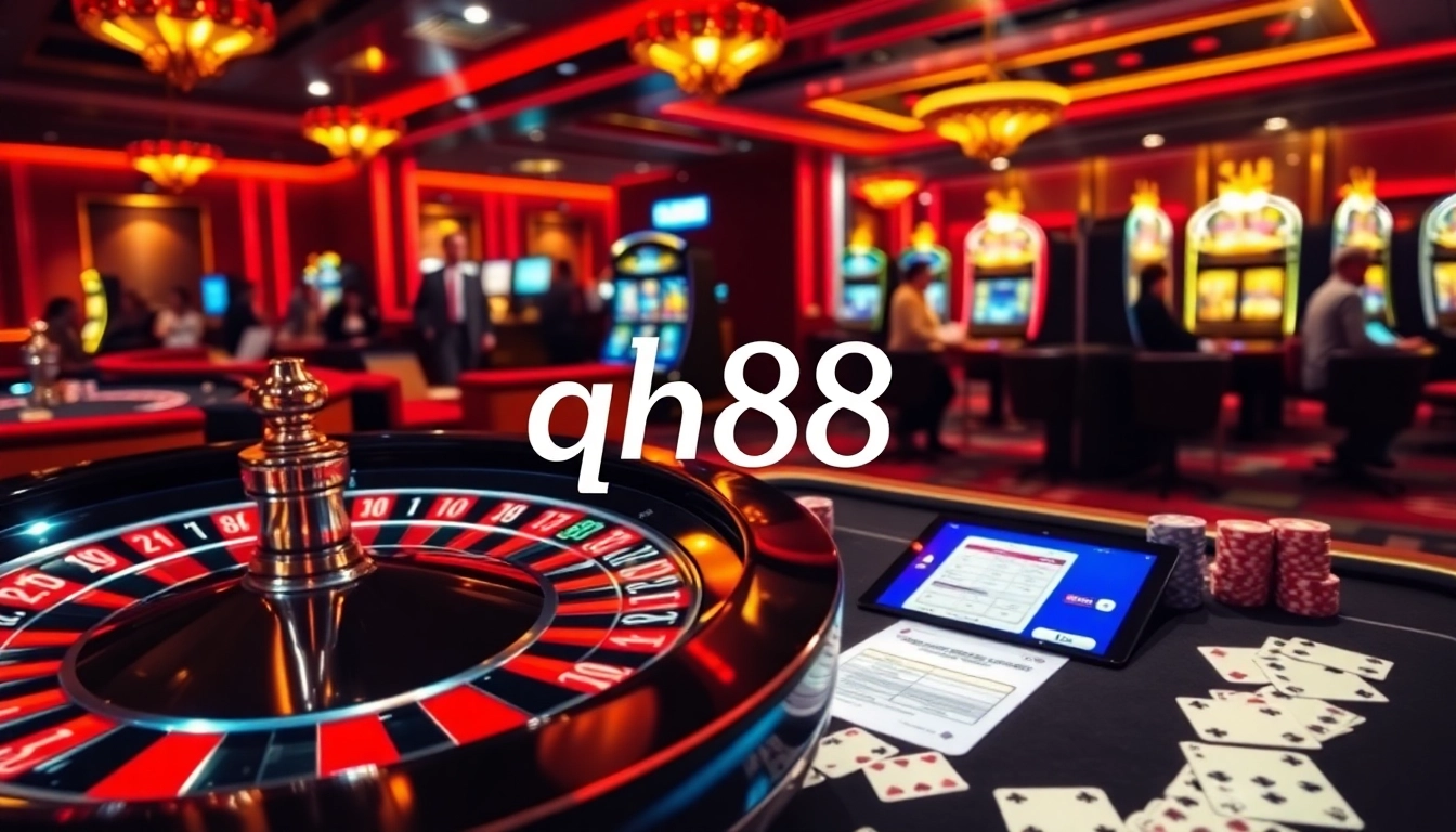 Experience the excitement of qh88 with a luxurious online casino atmosphere featuring poker chips and roulette.
