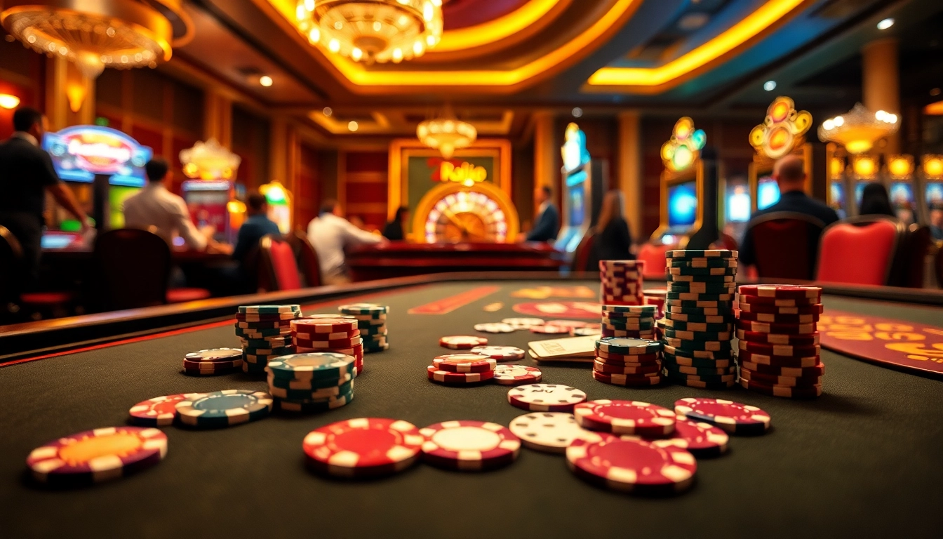 Experience the excitement of Raja Luck at a vibrant casino table with poker chips and cards.