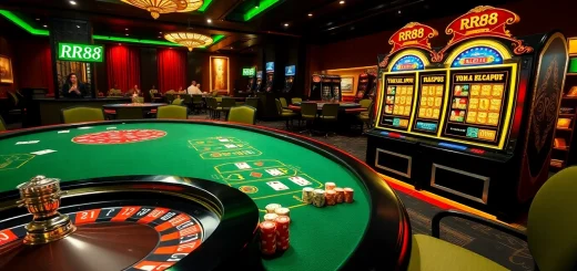 RR88 online casino players enjoying exciting games at a vibrant roulette and poker table.