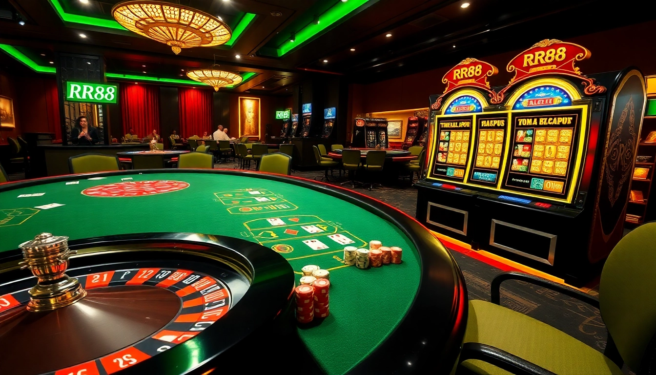 RR88 online casino players enjoying exciting games at a vibrant roulette and poker table.