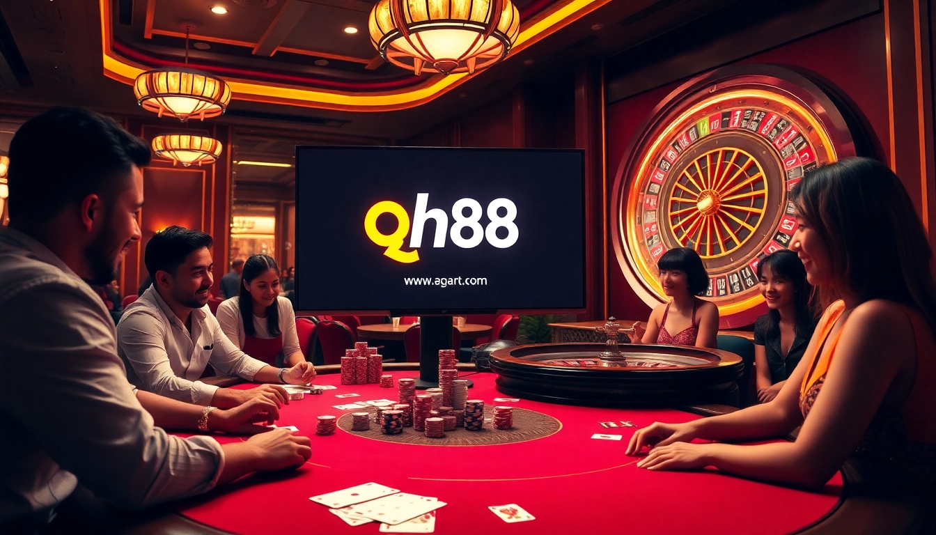 Players enjoying thrilling games at qh88 online casino, featuring poker, roulette, and vibrant visuals.