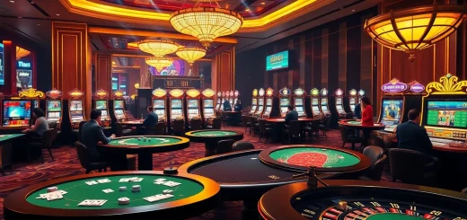 MM88 casino experience with players at poker tables and spinning roulette wheels.