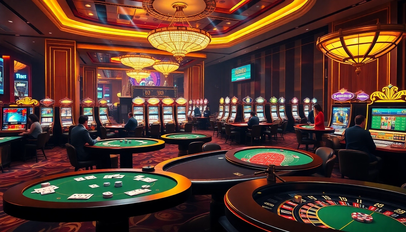 MM88 casino experience with players at poker tables and spinning roulette wheels.
