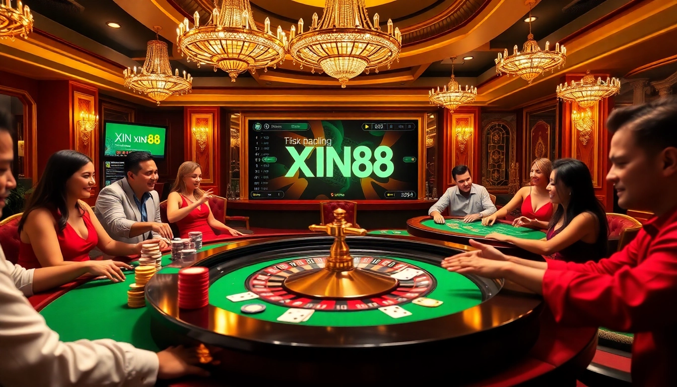 Excited players at a luxurious Xin 88 roulette table with cards and chips in an elegant casino.