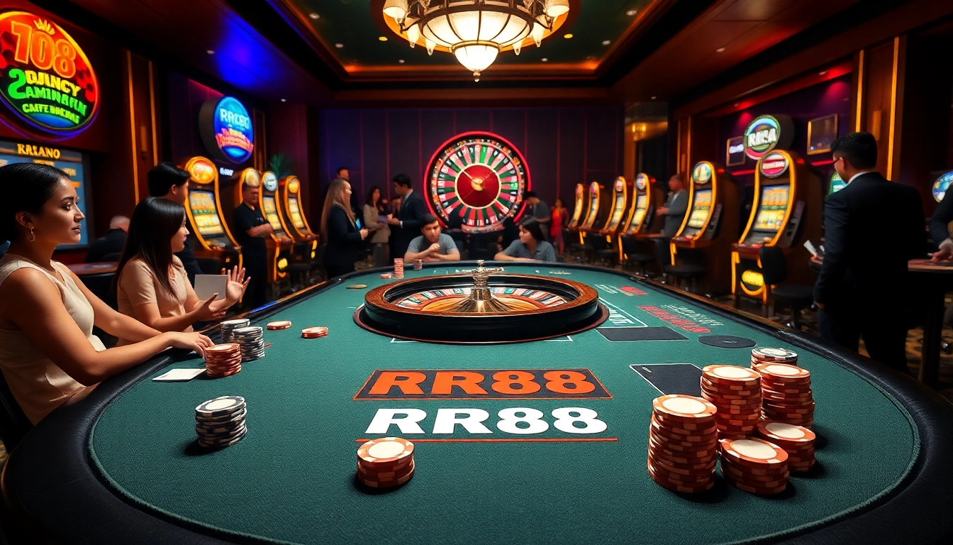 Exciting RR88 casino scene with vibrant gaming table, poker chips, and roulette wheel.