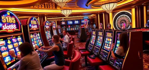 Players enjoying slot88 games in a luxurious casino setting with vibrant slot machines and excitement in the air.