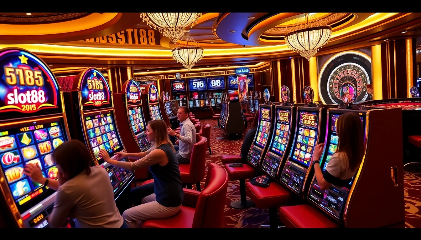 Players enjoying slot88 games in a luxurious casino setting with vibrant slot machines and excitement in the air.