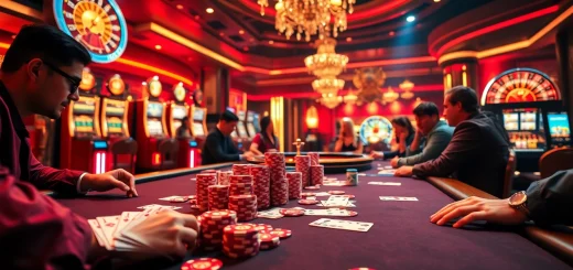 Okking professional poker players strategizing during a high-stakes game at a luxurious casino table.