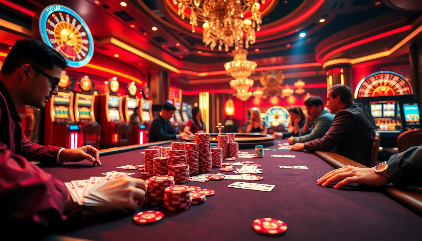 Okking professional poker players strategizing during a high-stakes game at a luxurious casino table.
