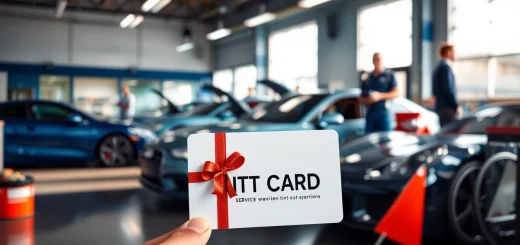 Shop displaying a window tint gift card against a backdrop of sleek, tinted cars.