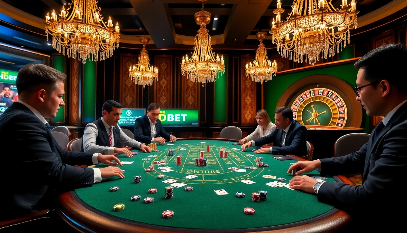 Experience an exciting HDBET poker game with colorful chips, cards, and a luxurious casino atmosphere.