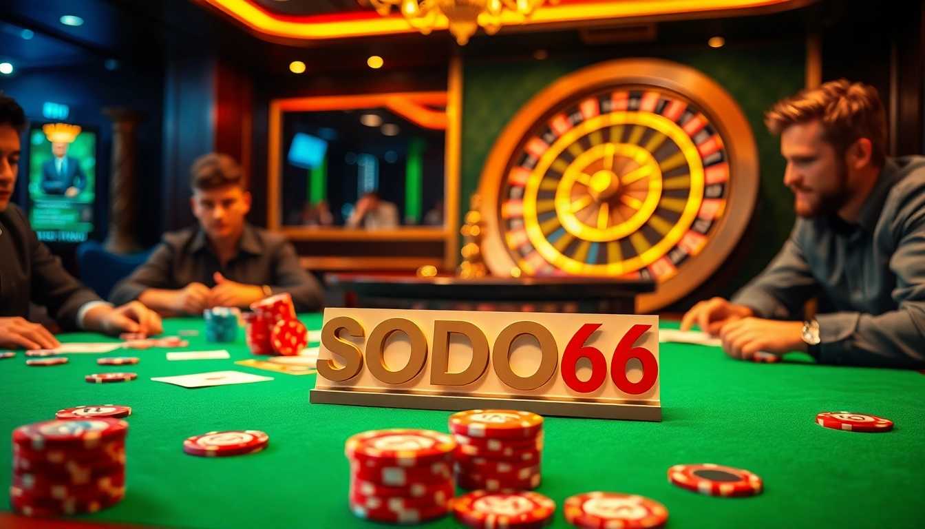 Players engaging in an exciting poker game at SODO66 casino with vibrant chips and cards.