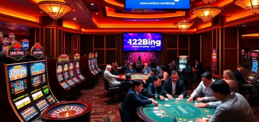 Engage with thrilling games at https://123b.ing/ featuring vibrant slot machines and energetic casino scenes.