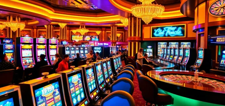 Players enjoying vibrant slot gacor machines in a luxurious casino atmosphere.