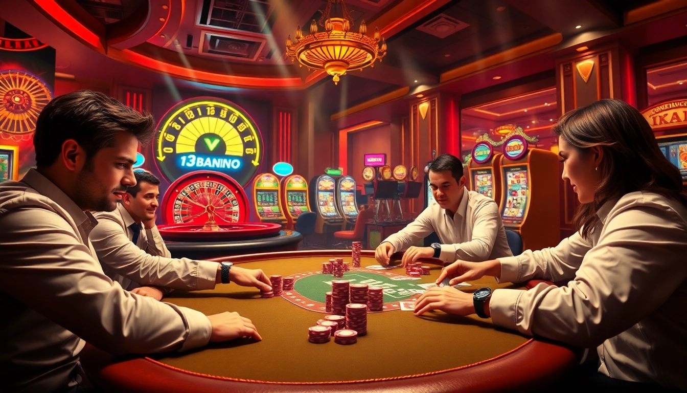 Players strategizing at a poker table while engaging with 13Win in a vibrant casino atmosphere.