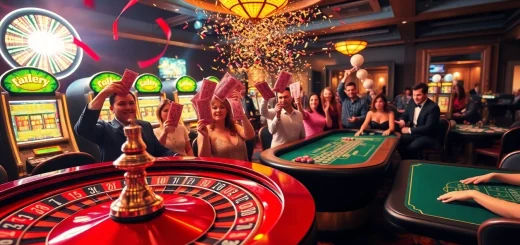 Exciting casino celebration marking the explosion of a prize-winning lottery with players at roulette and slot machines.