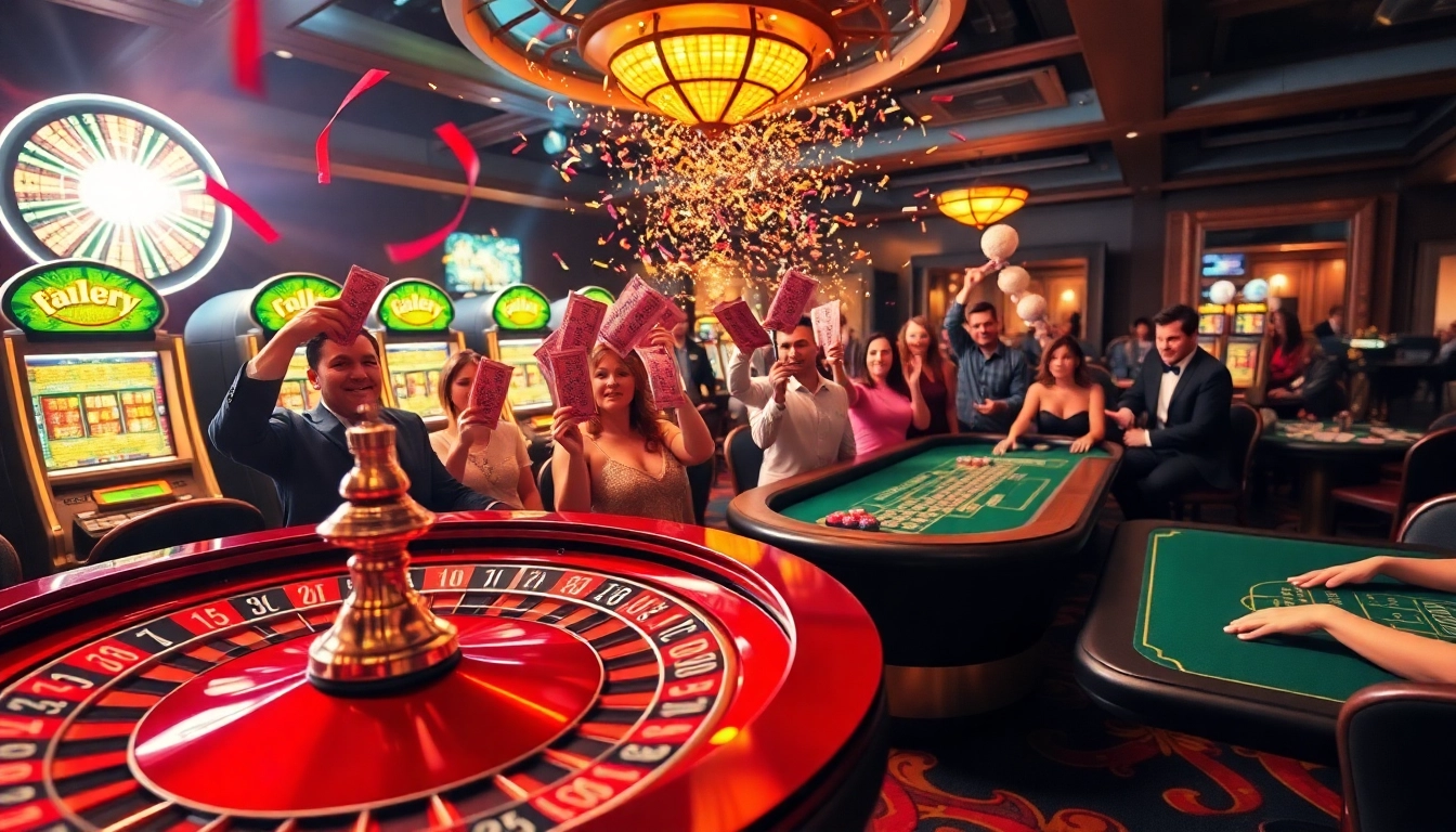 Exciting casino celebration marking the explosion of a prize-winning lottery with players at roulette and slot machines.