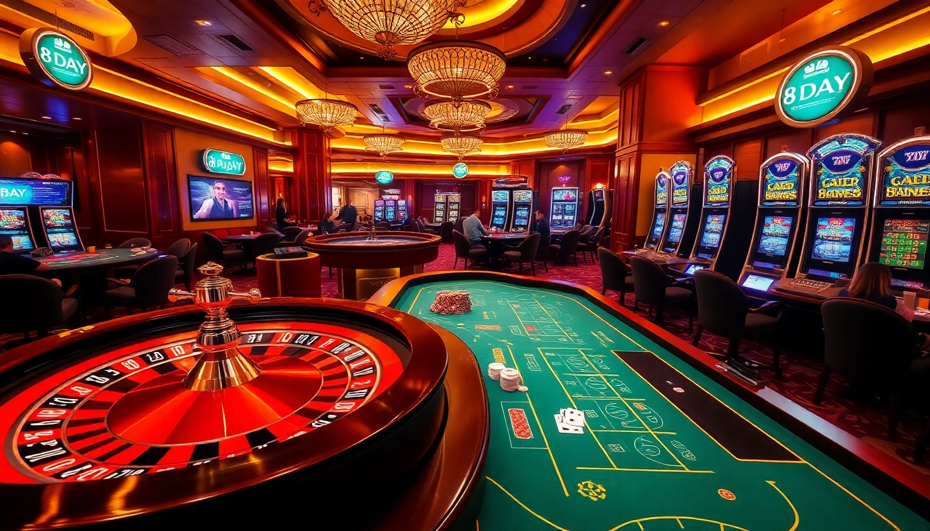 Experience thrilling gameplay at 8DAY's vibrant casino with roulette and poker excitement.