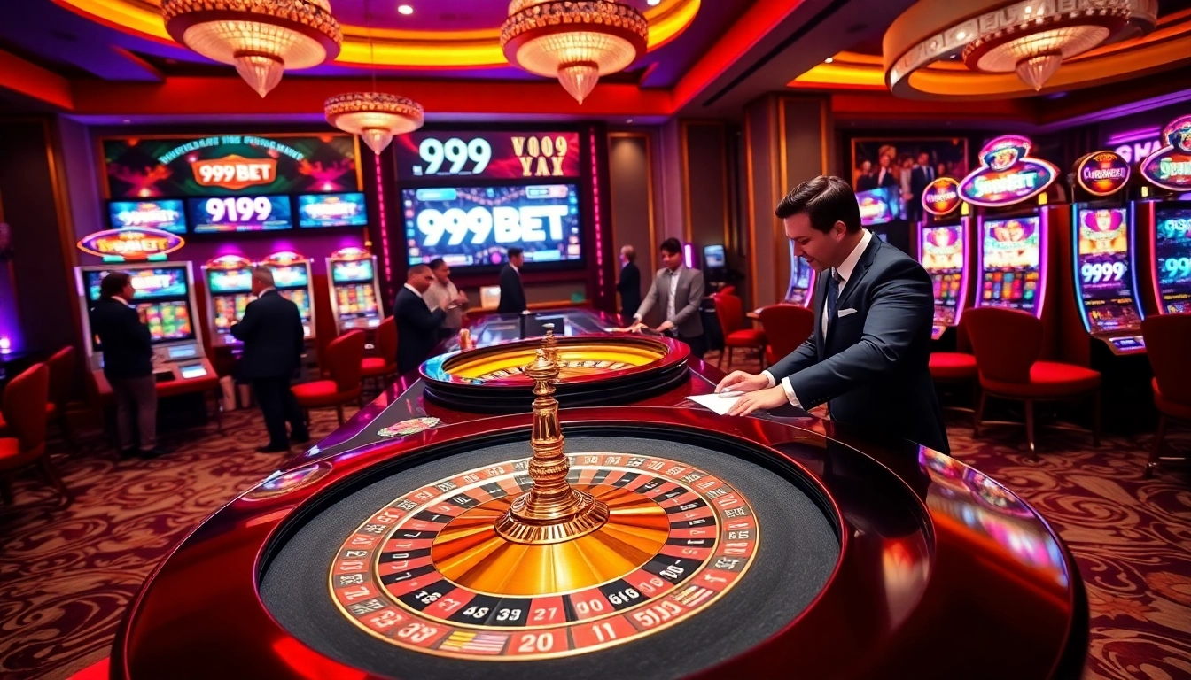 Exciting casino scene showcasing 999BET with a roulette wheel and poker chips in a vibrant atmosphere.