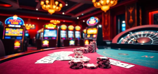 Players enjoying a thrilling night at NEO79’s luxurious casino, engaging in poker and slot machines.