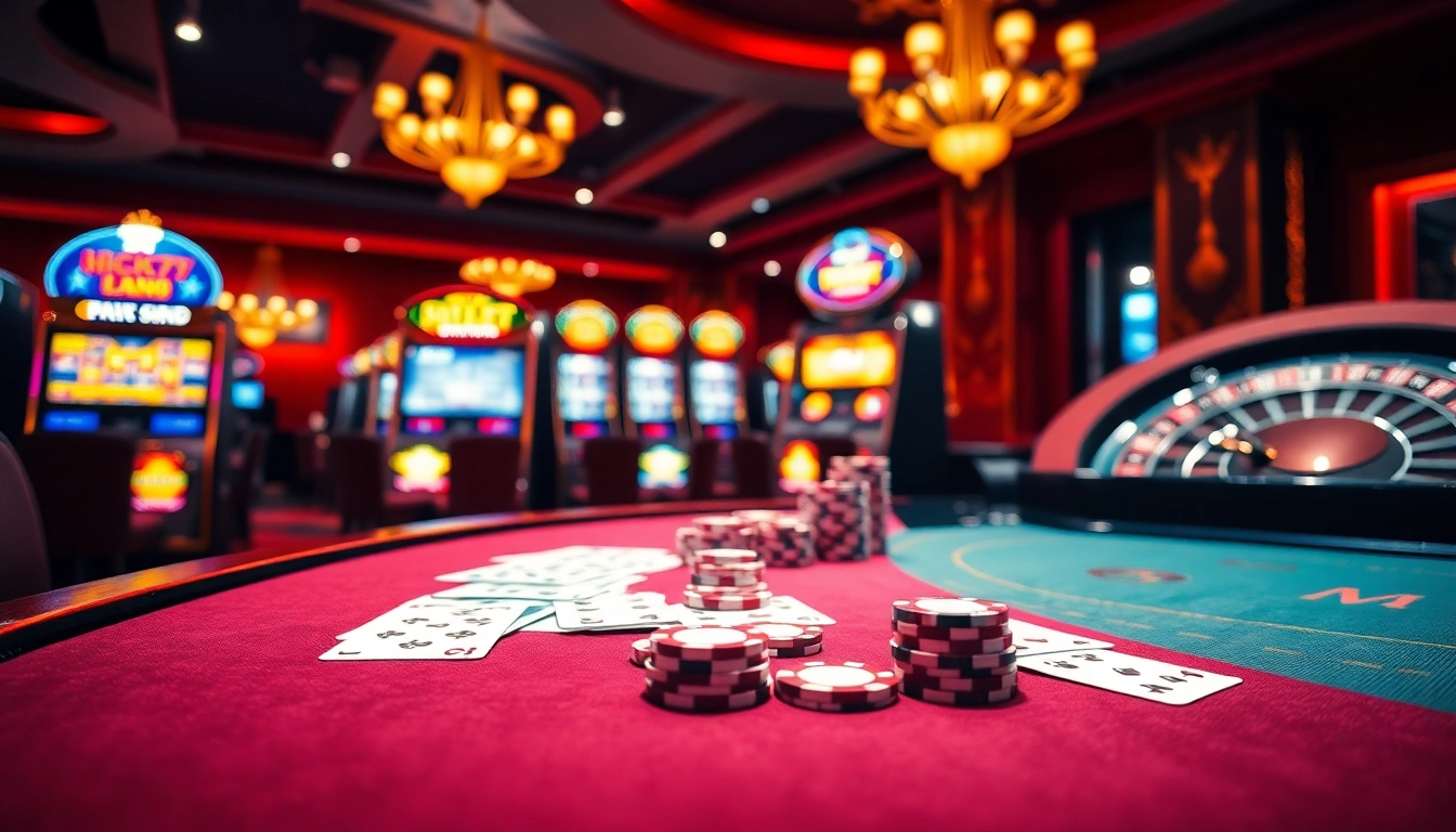 Players enjoying a thrilling night at NEO79’s luxurious casino, engaging in poker and slot machines.