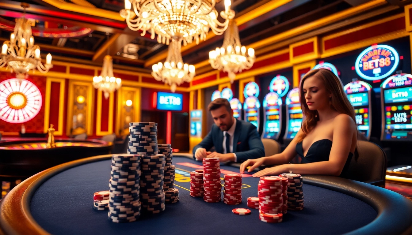 Experience the thrill of BET88 as players engage at a luxury gaming table with poker chips and casino ambience.