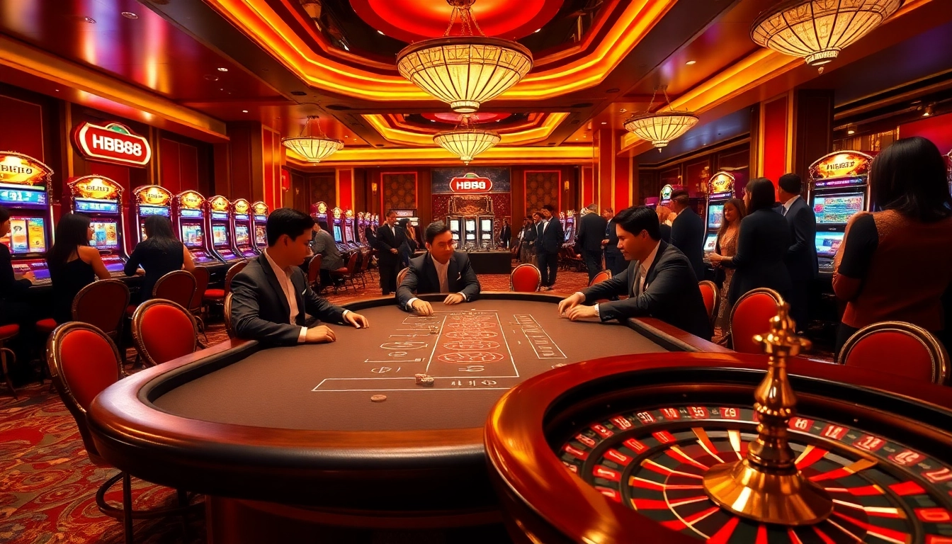 Professional players enjoying intense poker at the HB88 casino, surrounded by luxury and excitement.