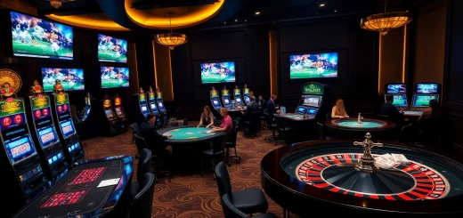 Experience exciting gaming at Vaoluoitv's luxurious casino scene with vibrant poker tables and slot machines.