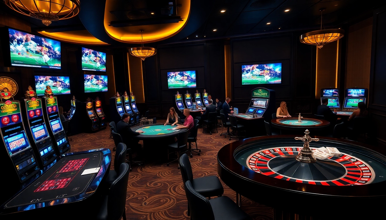 Experience exciting gaming at Vaoluoitv's luxurious casino scene with vibrant poker tables and slot machines.