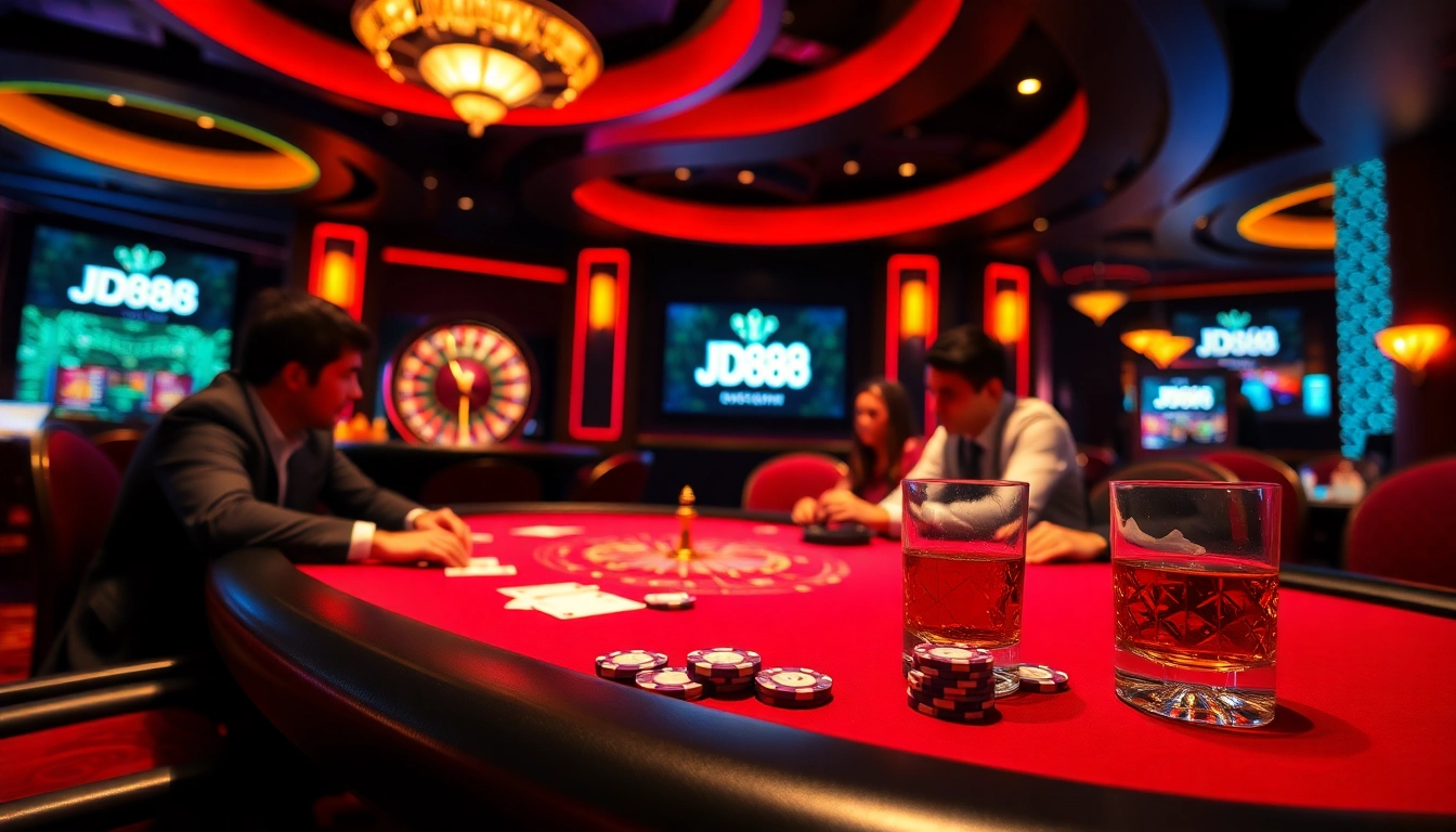 Bàn poker JD88 trình diễn một ván cược cao với ánh đèn sống động và bề mặt chất liệu sang trọng.