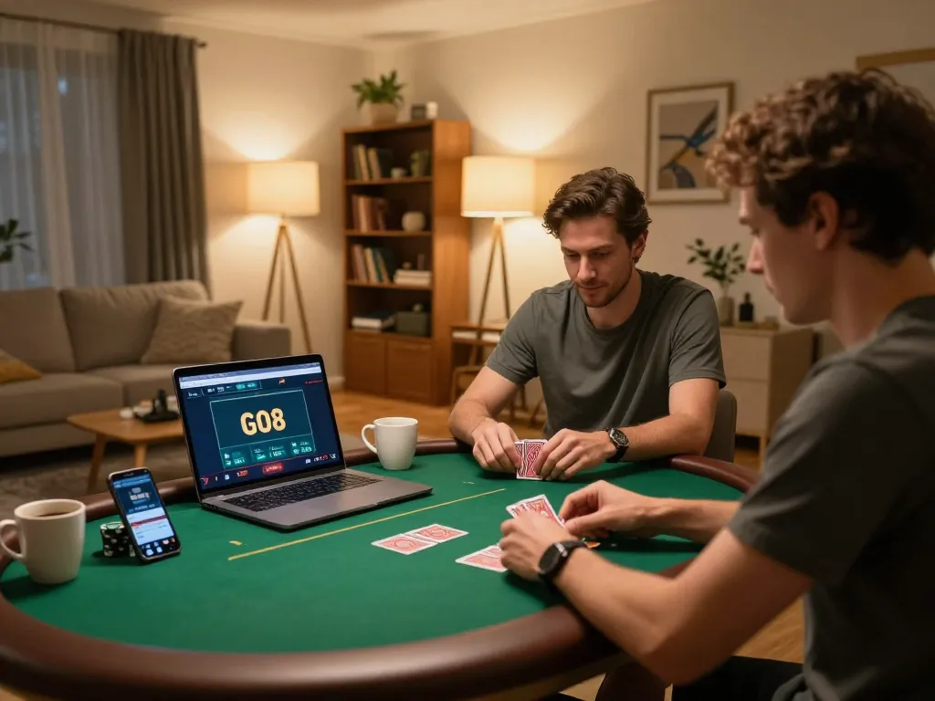 Engaging online gaming session at https://go8.dad/, featuring a player focused on poker with warm home ambiance.