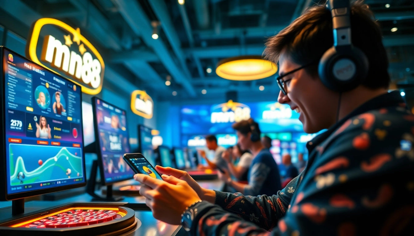 Engaging online gambling scene featuring mm88 with vibrant gaming interfaces, showcasing various game categories.