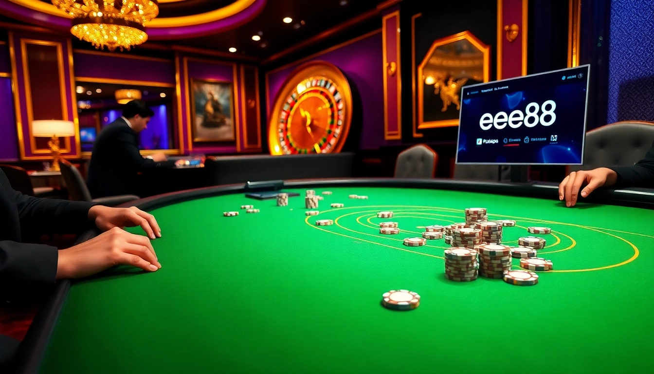 ee88 poker players engaged in a high-stakes game at a luxurious casino table