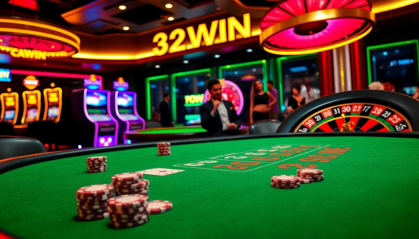 32WIN poker table scene showcasing vibrant gameplay with luxurious elements and excitement.