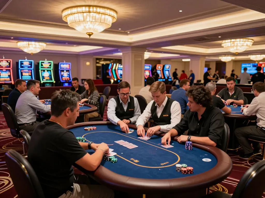 Kuwin players enjoy an exciting atmosphere at poker tables with vibrant lighting and strategic gameplay.