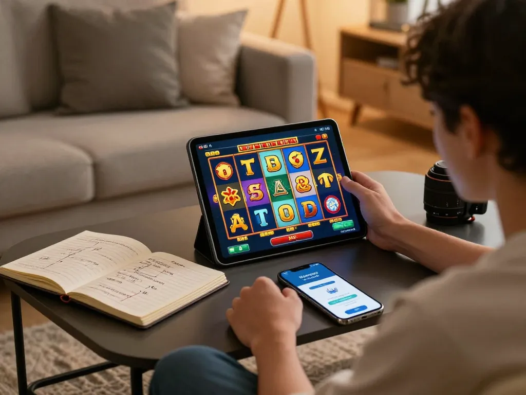 Player enjoying mesingg login on tablet while playing slots in a cozy living room setting.