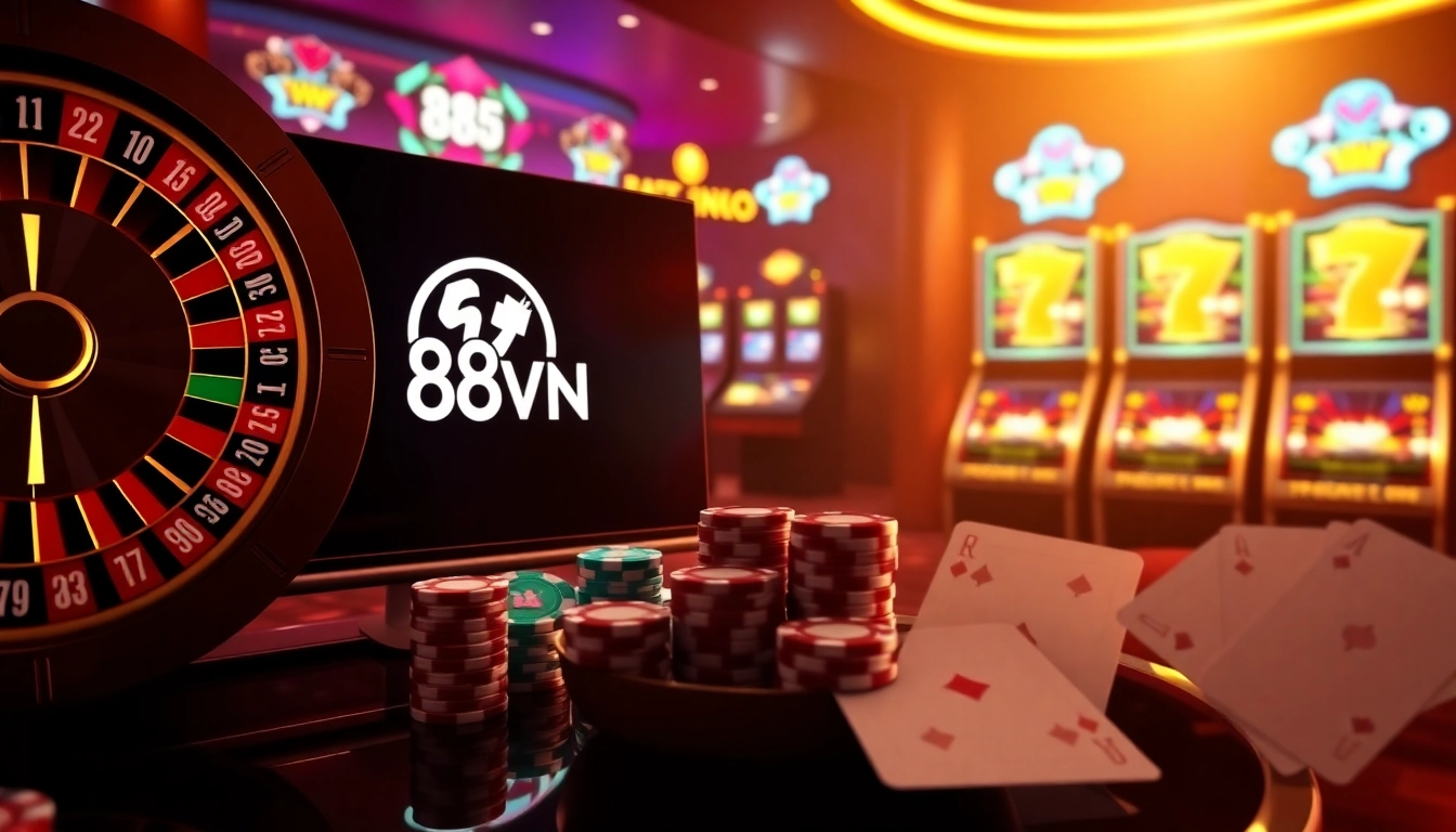 Experience the thrill of winning at 88VN with colorful poker chips and vibrant slot machines.