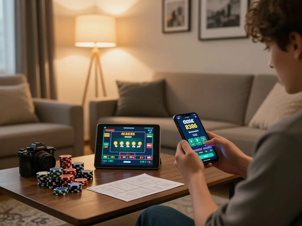 Engaged player using ok 8386 casino app for strategic betting at home with smartphone and tablet