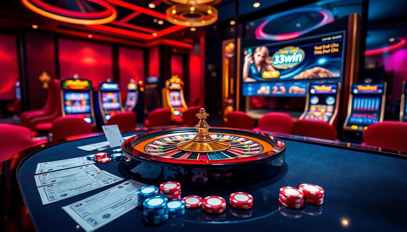 Exciting gaming experience at Trang chủ 33win with roulette, poker chips, and vibrant casino elements.
