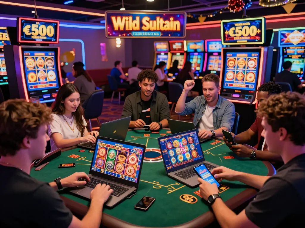 Players engaging with bonus inscription wild sultan on multiple devices, celebrating wins in a lively online casino.