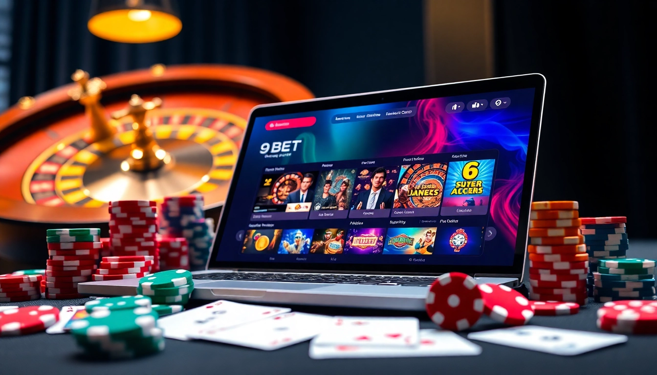 Experience thrilling online gaming at 9BET with colorful poker chips and cards.