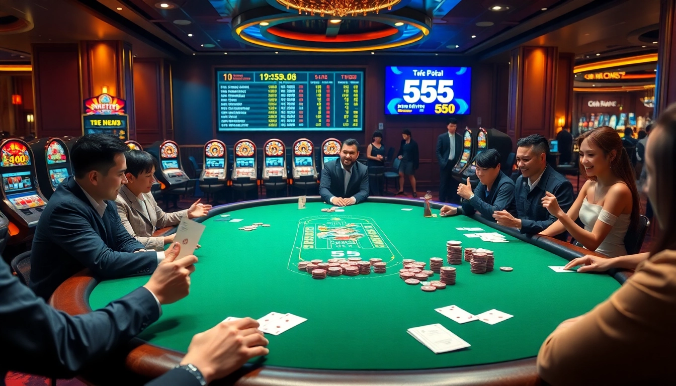 Kèo Nhà Cái 55 captures the thrill of professional gambling with poker tables, chips, and live betting displays.