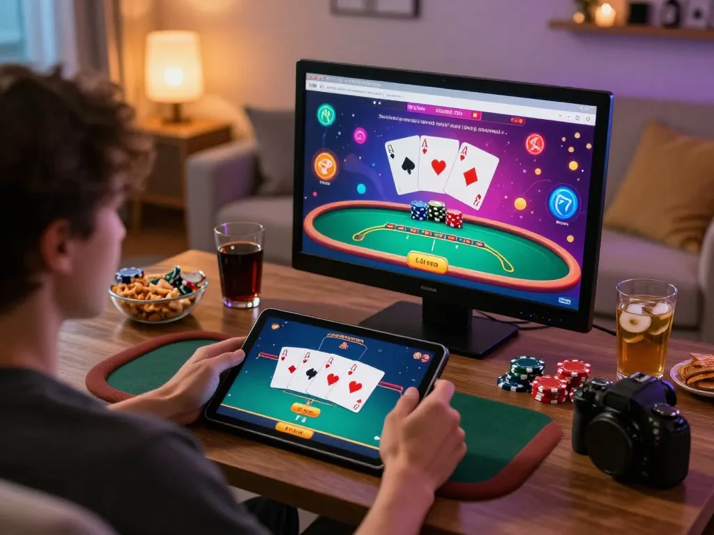 Player enjoying vnloto vip poker game on a tablet in a cozy home setting, showcasing engaging gameplay.