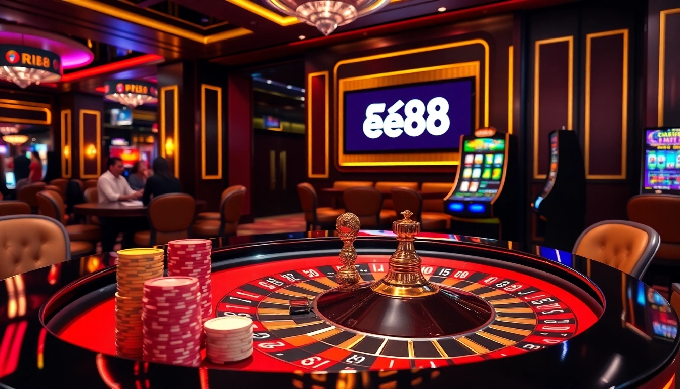 Experience thrilling gambling excitement at Ee88's vibrant casino setting with roulette and poker.