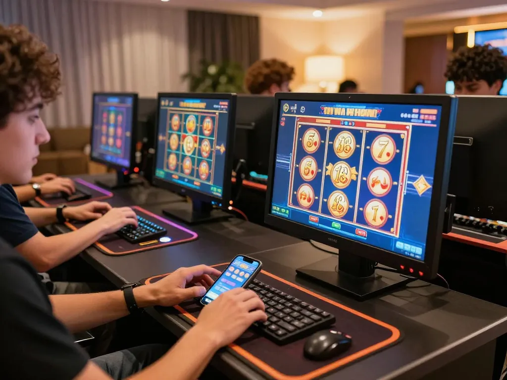 Players enthusiastically engaging with 68win online casino games in a cozy home environment.