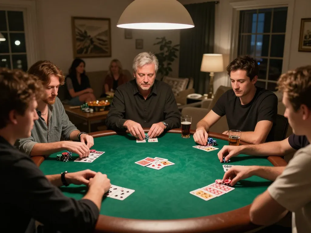 Permainan poker rumahan yang ramah dengan pemain yang menikmati chip dan kartu, menampilkan strategi permainan ap686 yang sedang berlangsung